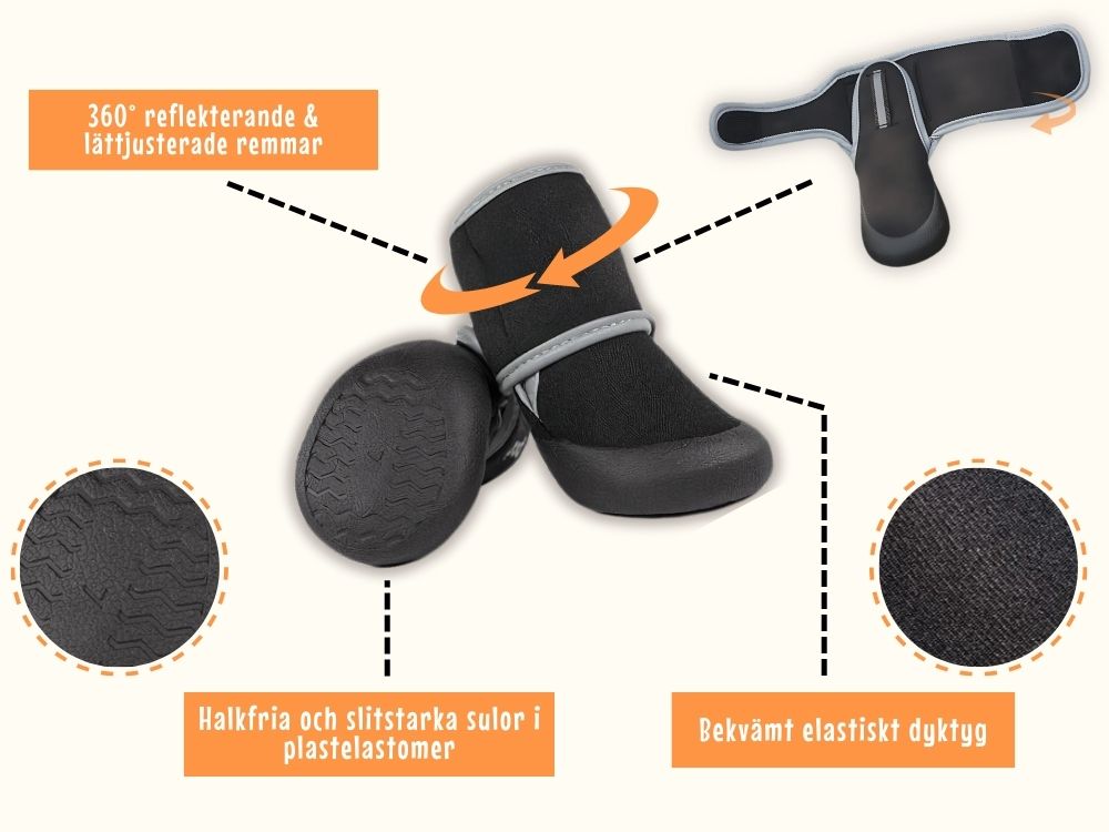 Svart hundsko med 360° reflexband, halkfri sula och elastiskt dyktyg – för säkra promenader utomhus.